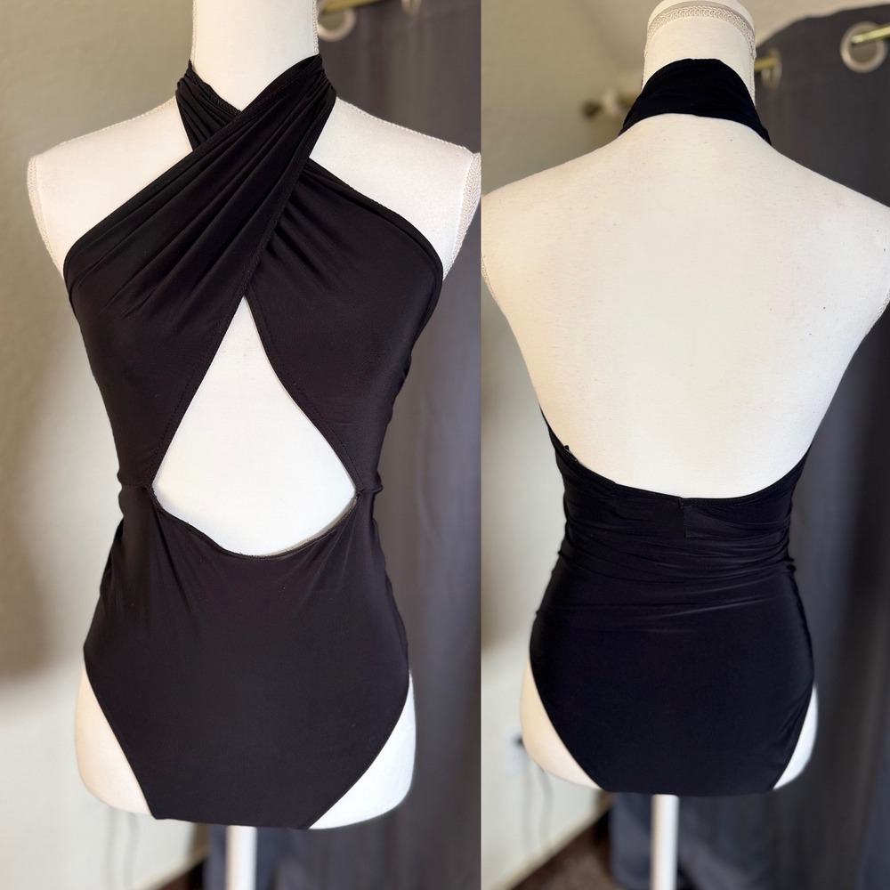 Nasty Gal Black Wrap Halter Cutout Bodice Bodysuit‎ Size 6 Open Back Sleeveless